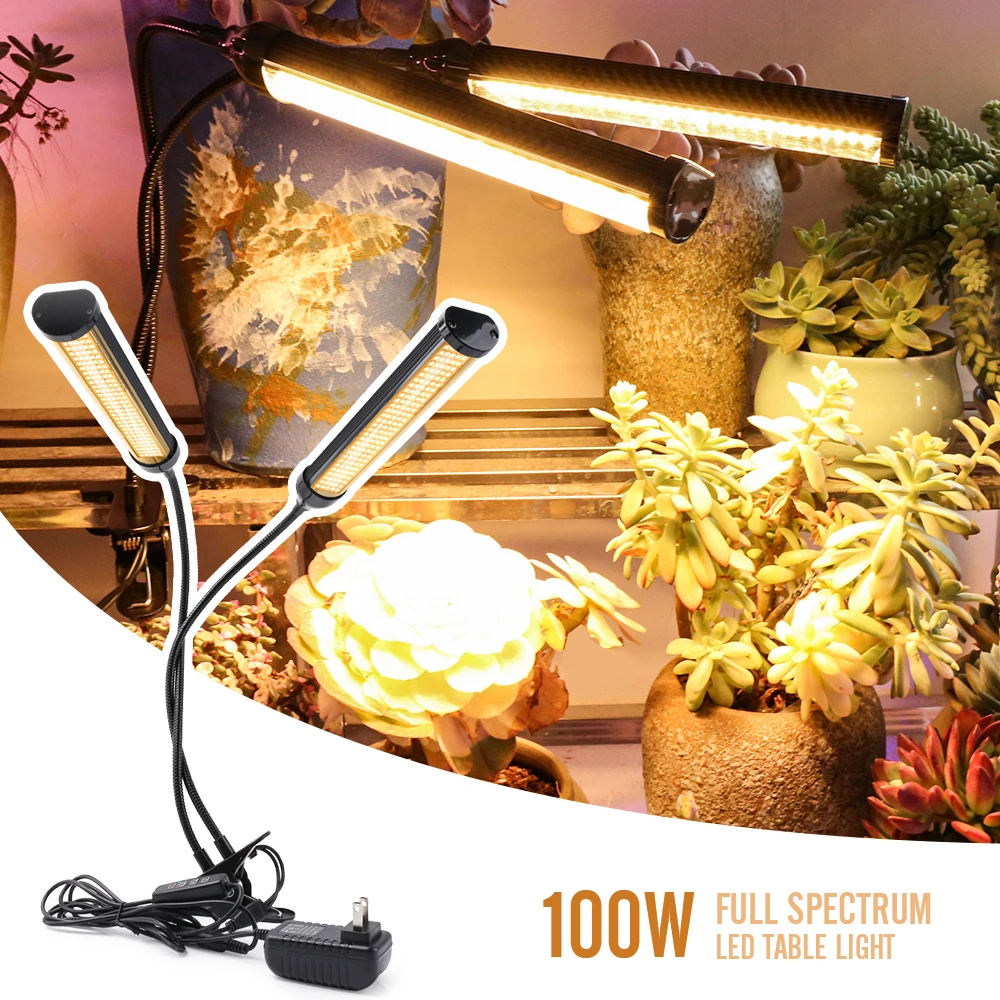 100W Dimmable Timing Switches Warm Sunlike Full Spectrum Flexible Dual Head Clip Desk Indoor Plant Phytolamp LED Grow Light
