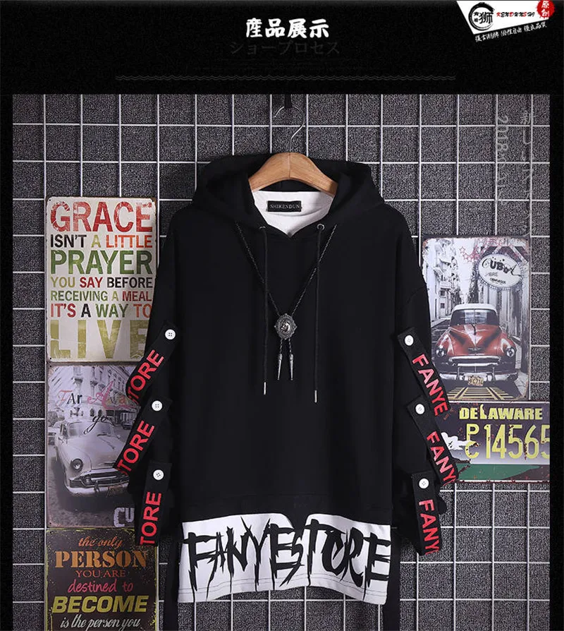 2021 new Men's Hip Hop Sweatshirts Fashion Extended Ripped Printed Hoodies Fake Two Pieces Pullover Sportwear for Male hoodies | Мужская
