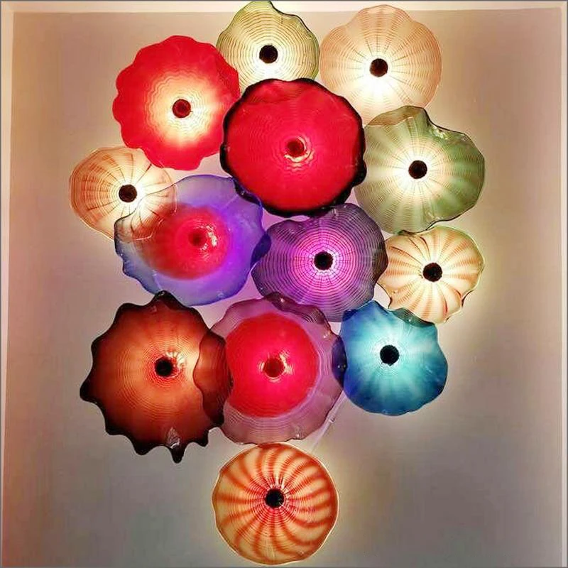 

Home Decoration Wall Art for Living Room Corrider 10pcs Multi Colored LED Wall Light Mouth Blown Murano Glass Plate Wall Sconces