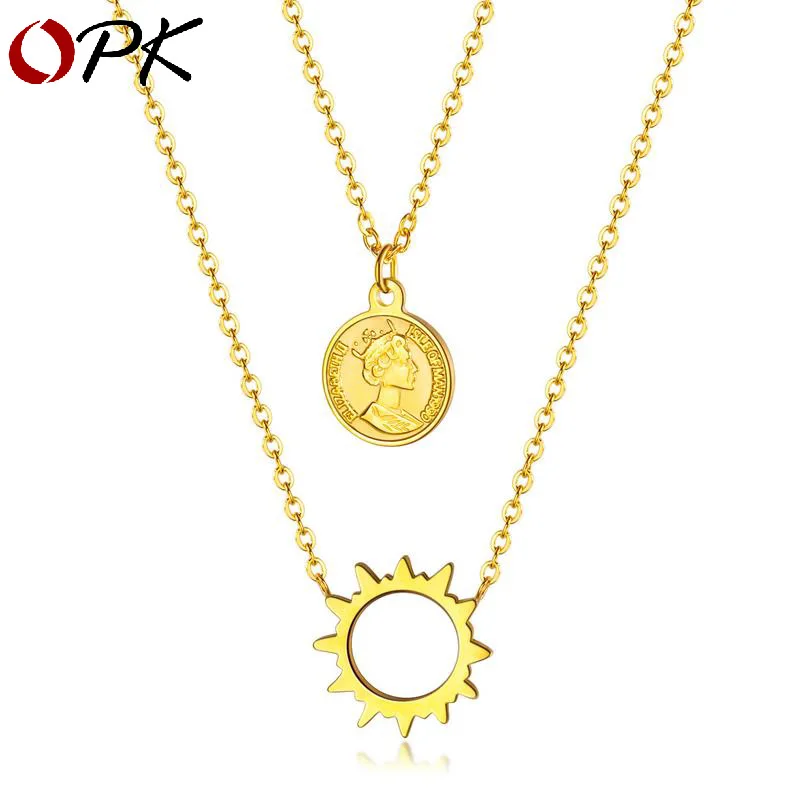 

Opk Japan South Korea Double Ring Diamond Pendant Women's Simple Temperament Linked Necklace Titanium Steel Lock Bone Ch