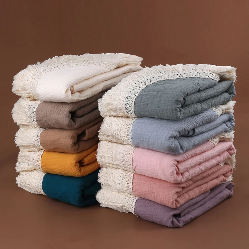 

Cotton Baby Blanket Fringe 2 Layer Newborn Tassel Blankets Swaddle Warp Bed Baby Photography Props Newborn Bath Towel
