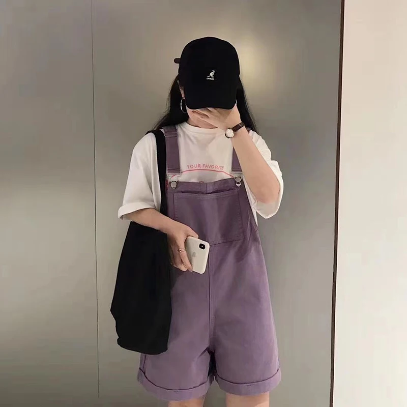 Denim Jumpsuits Women's Korean Preppy Style Summer Loose Lavender Jumpsuit Oversize Big Pocket Thin 2021 Woman Jumpsuit Shorts