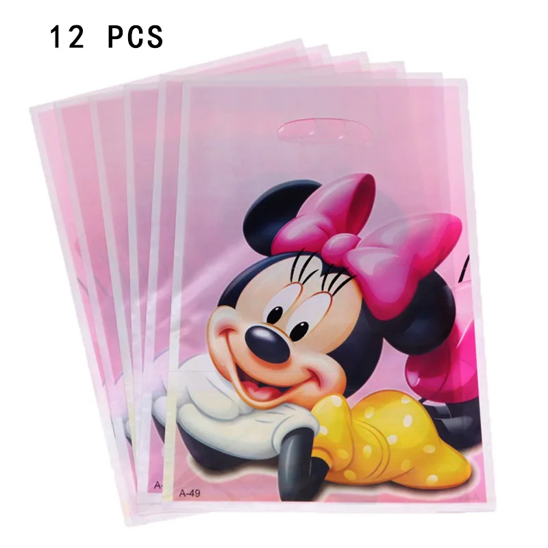 12pcs gift bags Бумажные тарелки и Соломки с изображением Минни Маус, украшения для торта на день рождения, праздничные украшения для девочек, вечерние принадлежности для душа, свадебные приглашения - Цвет: 12pcs gift bags