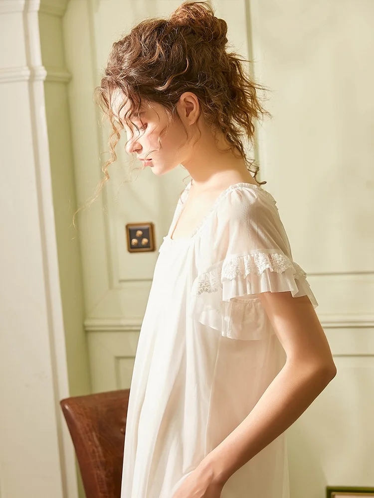 Летняя винтажная Женская длинная одежда для сна с коротким рукавом милые газовые