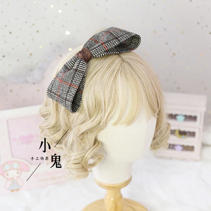 

Lolita Daily Cute Bowknot Headband Headwear Teen Girls Hair Accessories Soft Sister Kawaii Woolen Plaid KC Hair Hoop Cosplay