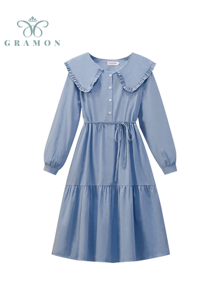 

Осеннее синее платье принцессы, женское модное корейское платье большого размера с круглым воротником в стиле преппи, платье-трапеция на шн...