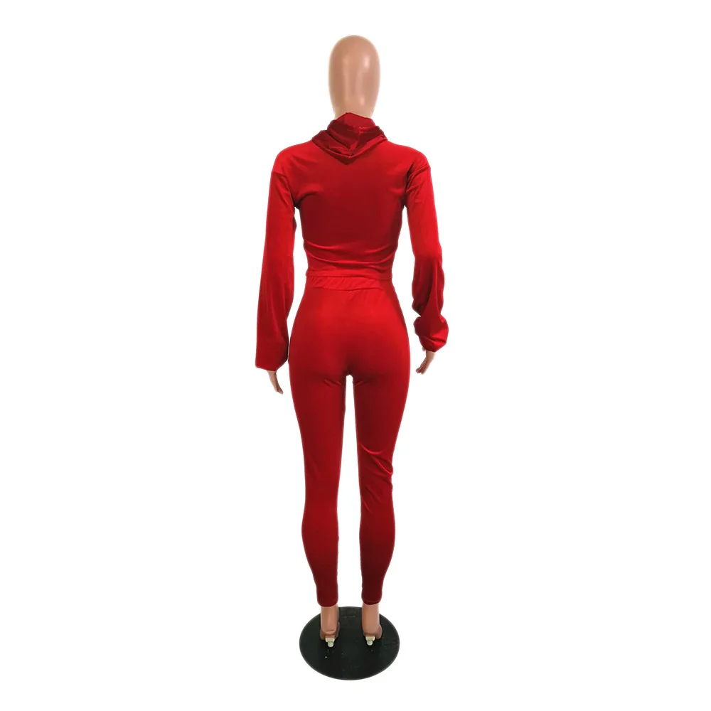 

2 Pcs Woman Autumn Winter Suit Sexy Long Sleeve Drawstring Hoodies Sweatshirt + Slim Elastic Pencil Pants Two Piece Outfits Set