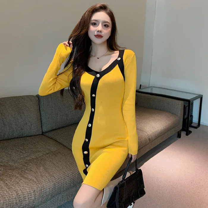 

CMAZ Dress For WomenGegejia Autumn Internet Famous Sexy Nightclub V-neck Push-up Single-Breasted Knitted Skirt Slim-Fit Sheath