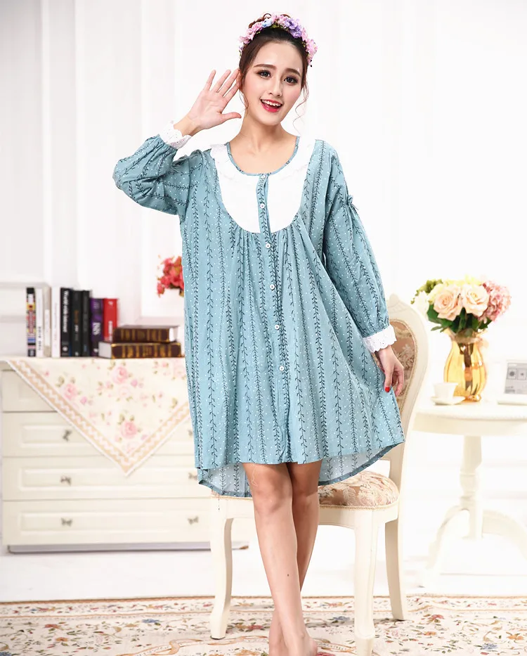 

Spring And Autumn Women's Long Sleeve Round Neck Casual Pullover Sexy Split Nightdress Embroidered Loose Home Clothes Pajamas