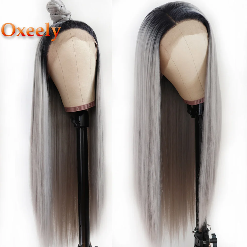 ombre grey Oxeely длинные прямые волосы Омбре зеленый цвет кружева перед парики термостойкой, без клея Синтетические Кружева передние парики для черных женщин - Цвет: ombre grey