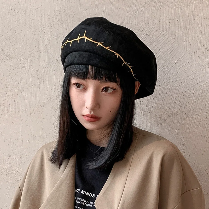 

Ins large head suede Beret female autumn and winter contrast embroidery small face Korean painter Women's hat Autumn winter