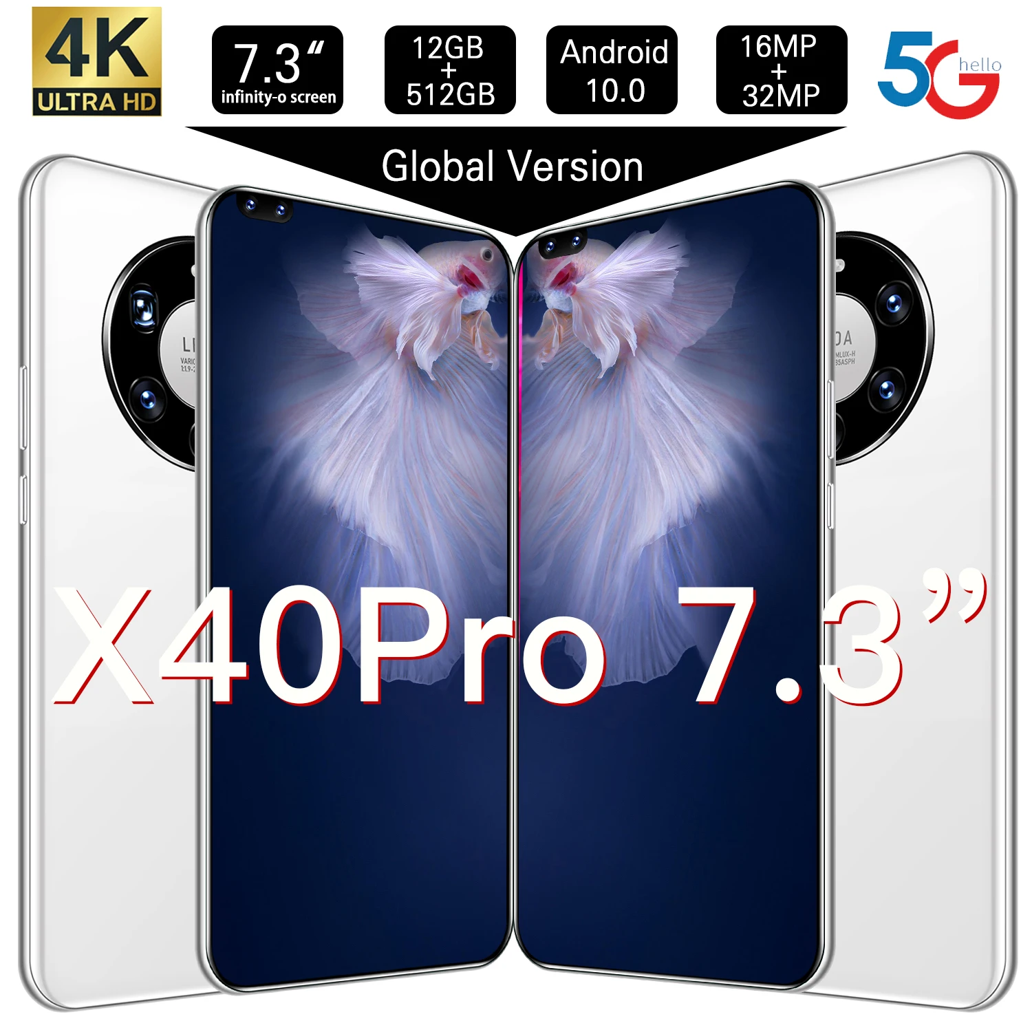 

X40 Pro 7.3 Inch 12GB 512GB 6800mAh Andriod 10 Double SIM Card Face ID Deca Core MTK6889 Smartphones 16+32MP Mobile Phones