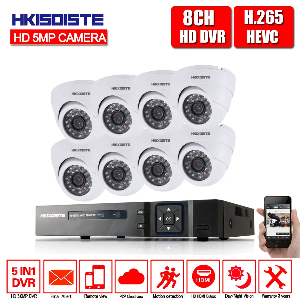 5 мегапикселей 8CH AHD DVR H.265 Внешняя камера для видеонаблюдения HD CCTV Камера система DVR Kit IP комплект камер безопасности Камера Системы P2P приложение просмотра - Цвет: Белый