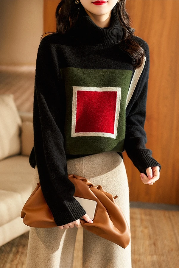 

Poncho 2020 Winter New High Neck Cashmere Sweater Geometric Pattern Wool Women Loose Lazy Thick Color Matching Jacquard Full