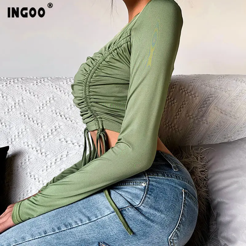 Женская футболка с длинными рукавами и рюшами INGOO Весенняя повседневная