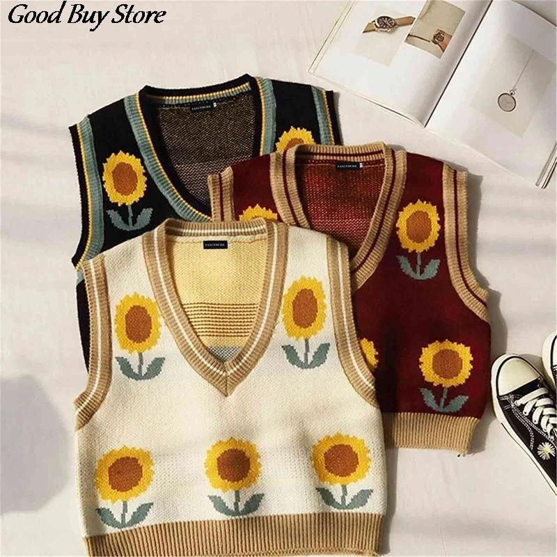 

Sunflower Sweater Vest Spring Autumn Sleeveless Knit Pullover Korean Style Simple Waistcoat Vintage Jumper V Neck Clothes Tops