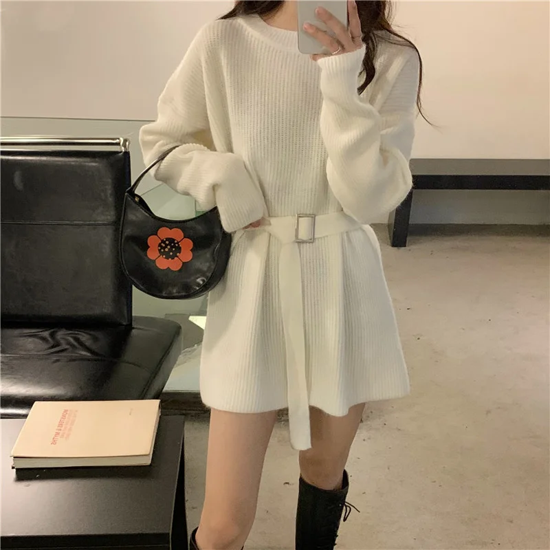 Black Waist Closing Medium Length Sweater Women's Autumn and Winter 2021 New Korean Lazy Style Loose Outer Knitted Top | Женская