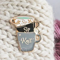 sip sip knit weave hard enamel pin funny craft jewelry knitters flair tea enthusiast golden brooch fashion simple cup lapel pins