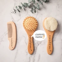 custom name newborn baby natural wooden soft wool hair brush head comb infant head massager portable bath brush comb for kids