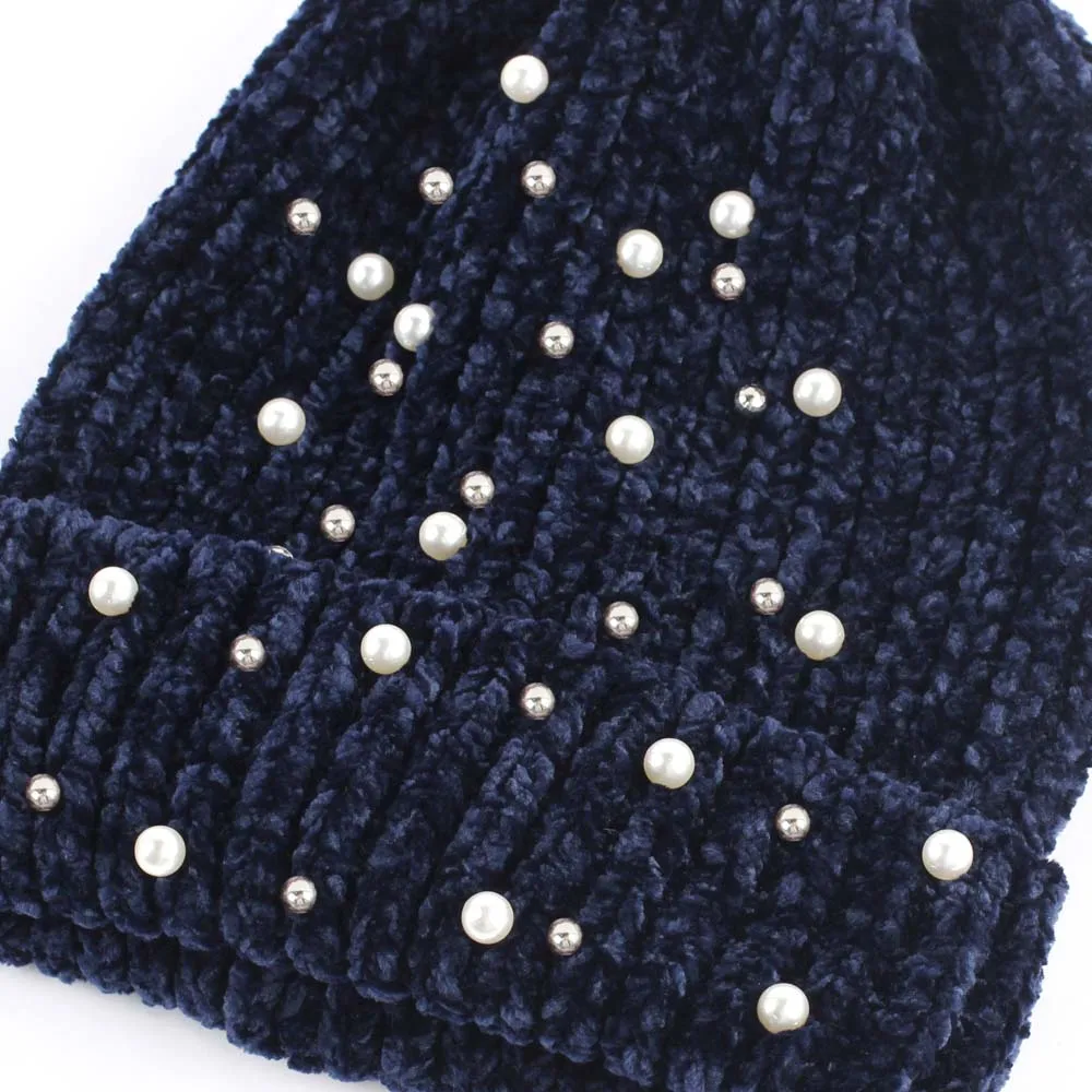 Geebro женская шапка с жемчугом зимняя однотонная вязаная напуском для женщин