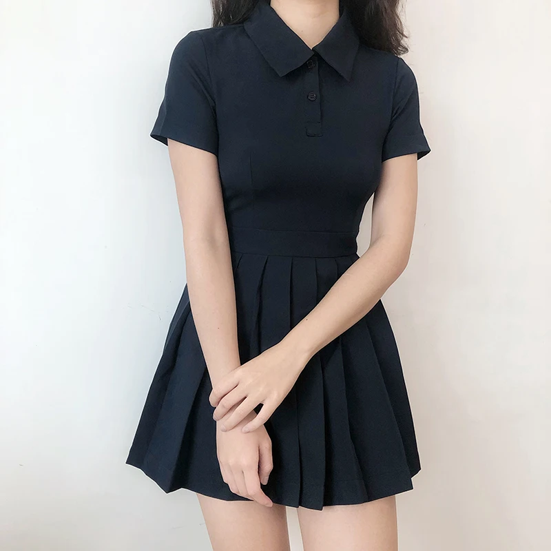

2021 Summer Turn Down Collar Short Sleeve High Waist Pleated Woman Dress Tennis Sport Casual Bodycon Sexy Beach Girl Y2k Dresses