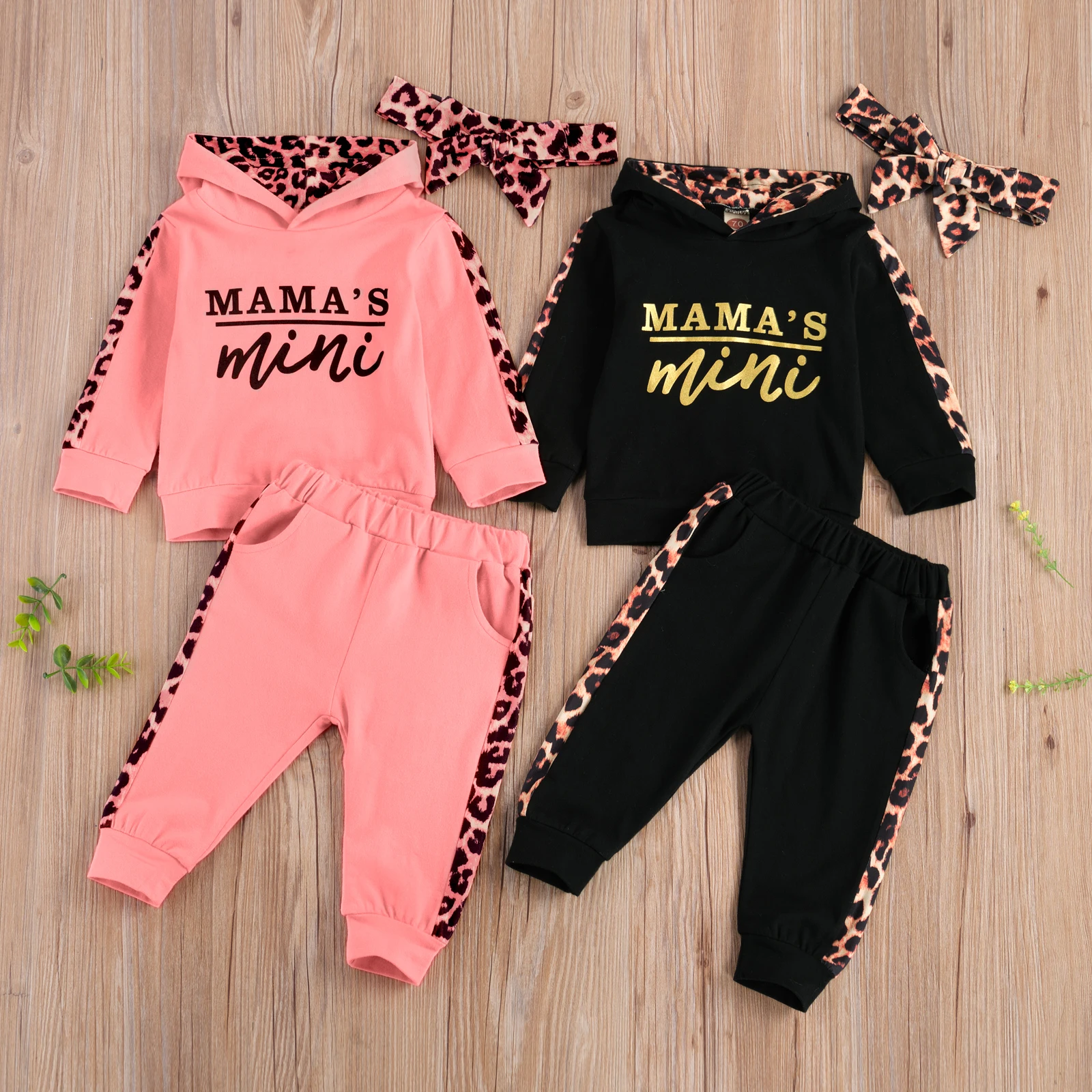 

Infant Baby Girl Long Sleeved Trousers Suit Letter Hooded T-shirt Leopard Stitching Long Pants Headband 3Pcs Clothes Spring Fall