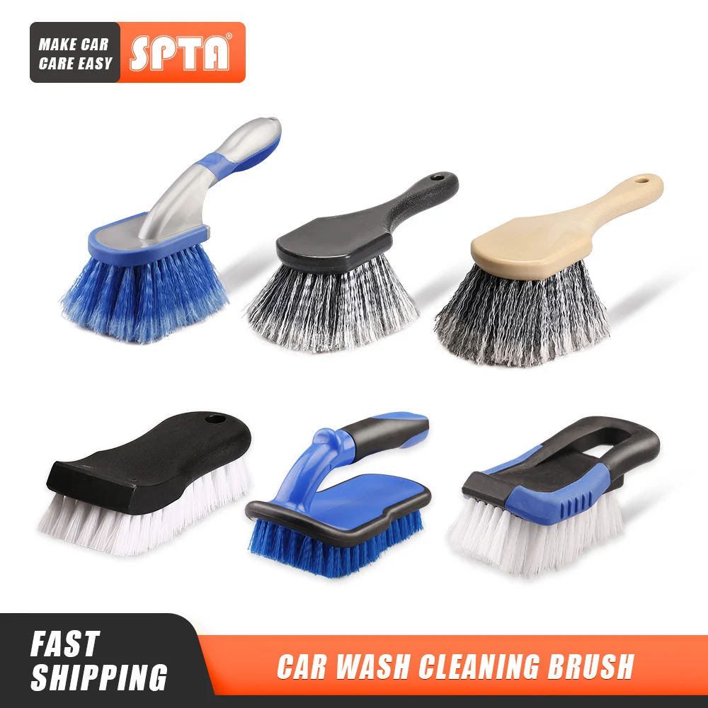 

SPTA Car Beauty Hub Brush Short Handle Tire Cleaning Brush Car Wheel Rim Cleaning Tools Handheld Hard Nylon Bristlets Rim Brush