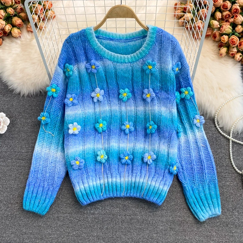 Autumn Winter Korean Style Chic Sweet O-Neck Sweater Fashion Gradient 3D Flowers Knitted Tops Loose Long Sleeve Pullover | Женская