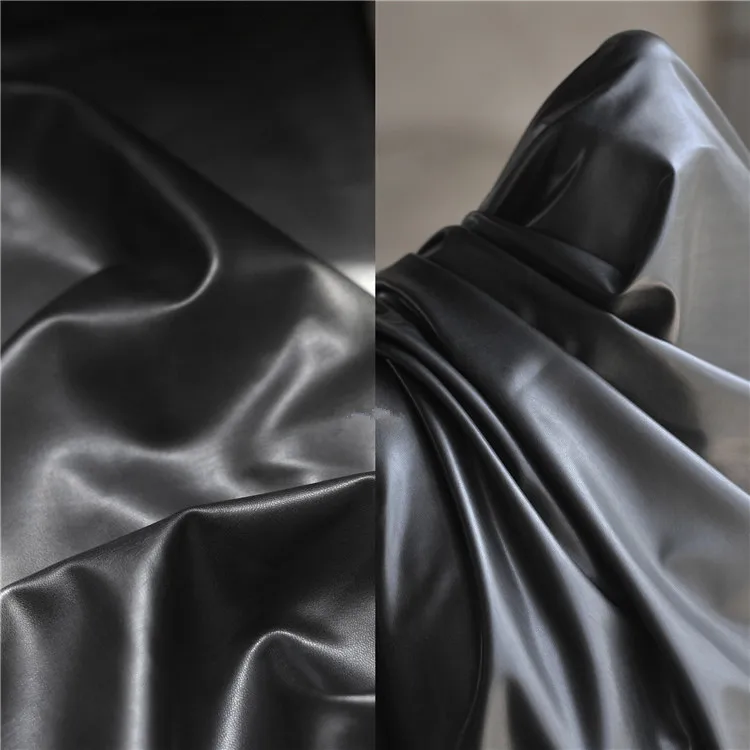 

Dark Black Matte High Stretch Knitted Imitation Leather Fabric-matte Lambskin Style Four-sided Stretch PU Fabric