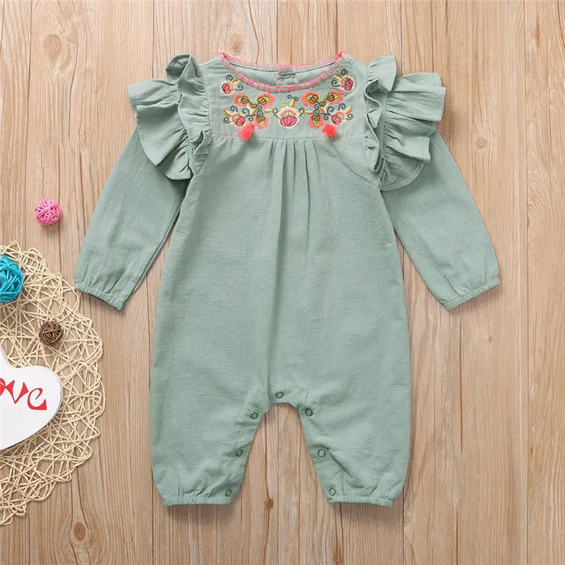 Летний комбинезон для новорожденных с цветочной вышивкой|Ромперы| |