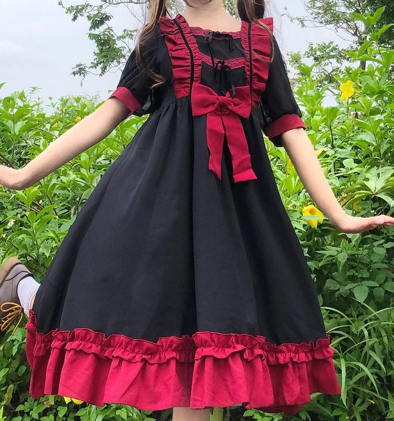 

Japanese Harajuku Gothic Bandage Bow Splice Dress Sweet Lolita Girl Cosplay Dress Kawaii Ruffles Bow Women Party Dress vestidos