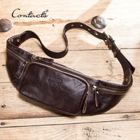 CONTACTS Cow Leather Men Waist Bag New Casual Small Fanny Pack Male Waist Pack For Cell Phone And Credit Cards Travel Chest Bag