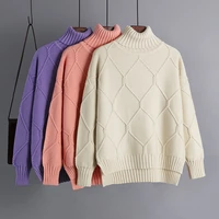 fashion women turtleneck pullover jumper geometric diamond thick knitted sweaters korean female loose warm bottomed sweater