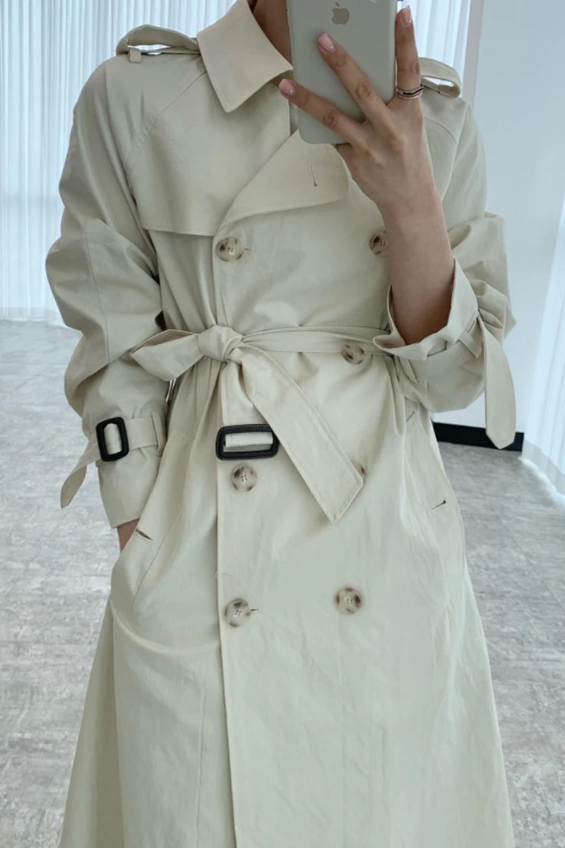 

ZCSMLL Korean autumn temperament elegant lapel double-breasted lace-up waist slit over the knee long windbreaker jacket women