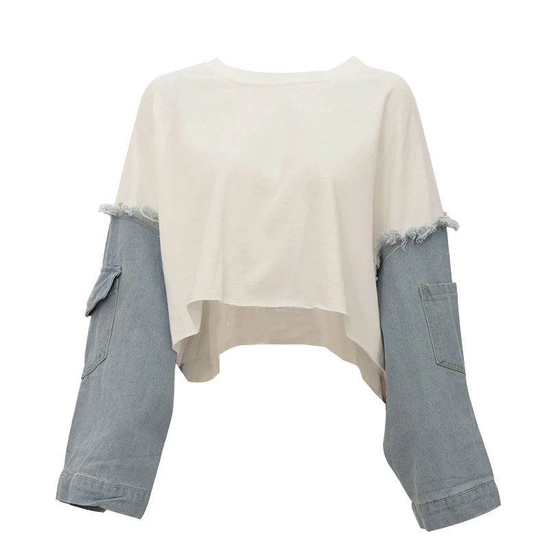 

2020 Spring Summer New Pattern Round Collar Long Sleeve Denim Patchwork Pullovers Streetwear Sweatshirt Women