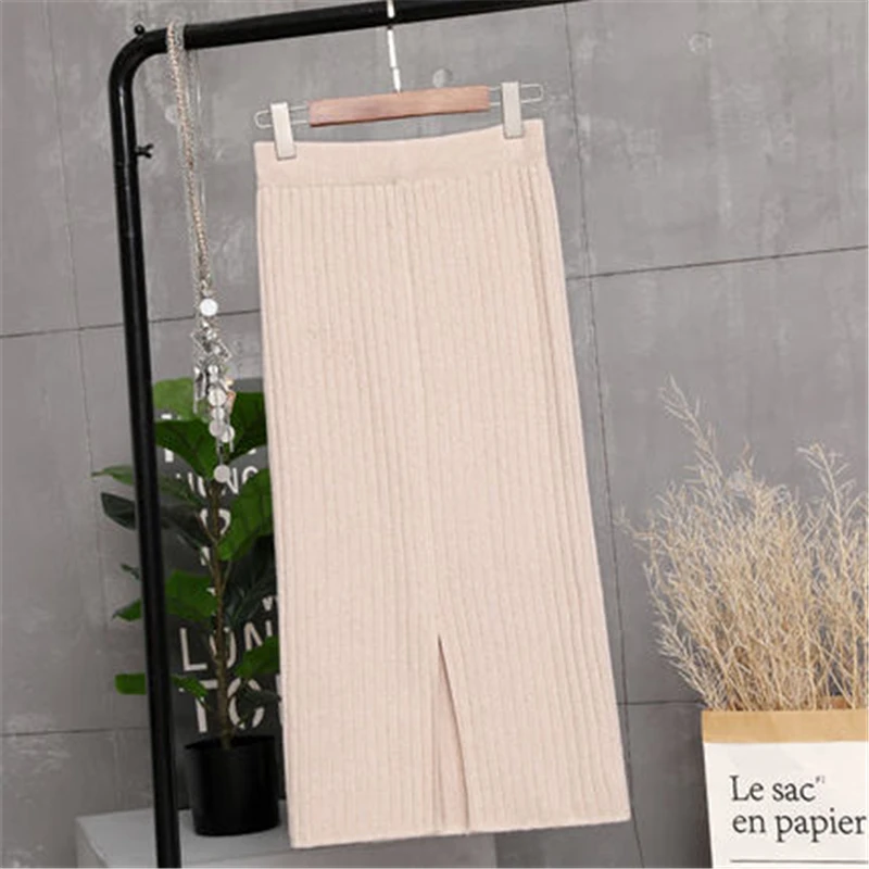 

Elastic Band Skirt Autumn Winter Women Knitted Skirt Female 70-80cm Mid-length Skirts Elegant Bodycon Ladies Office Wear Skirts