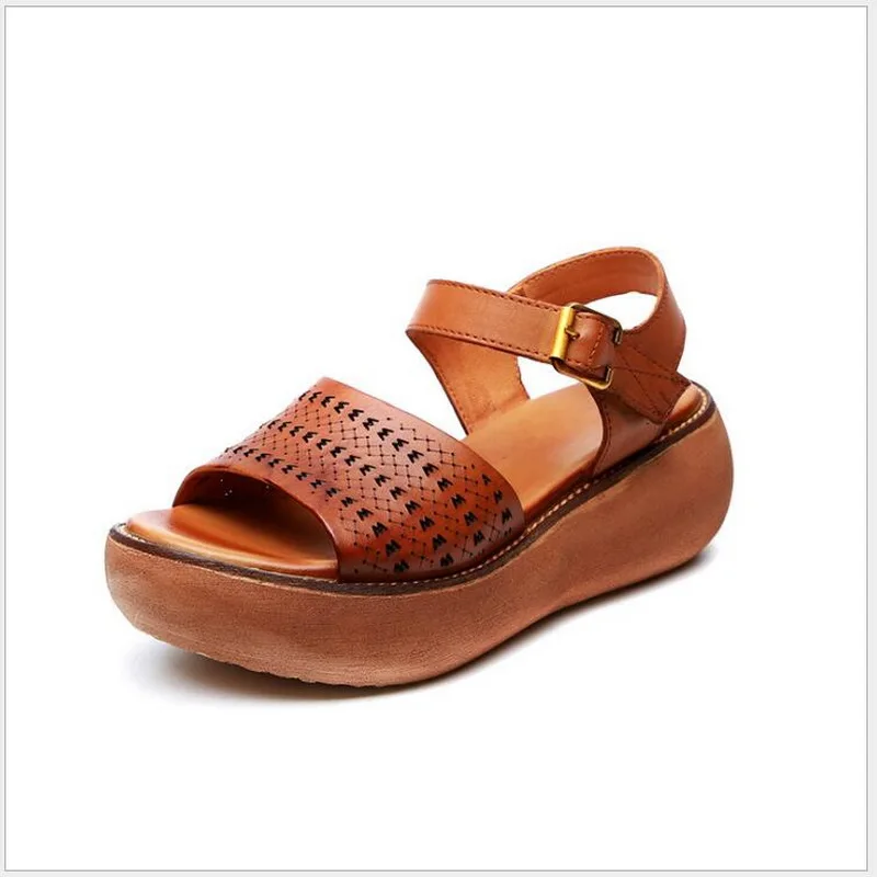 2020 New Retro Summer Women Sandals Handmade Genuine Leather Single Shoe Casual High Heel Wedges Platform Sandals
