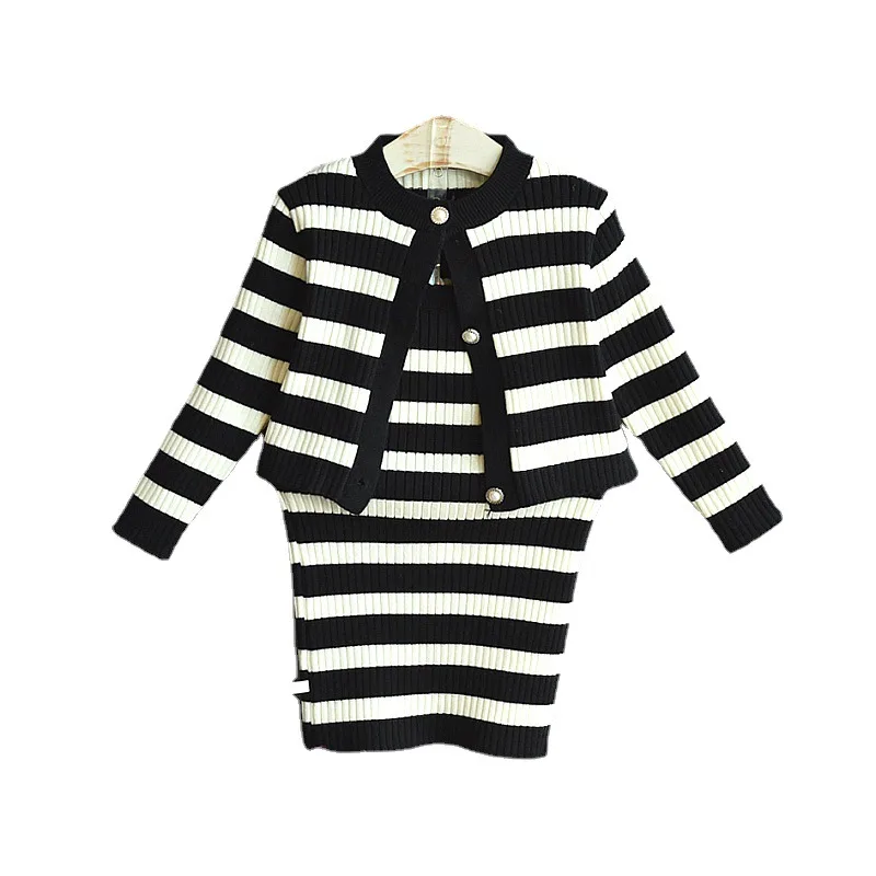 

Girls Clothes Kids Children Striped Suit Fashion Spring Autumn Knit Girl 2pc Clothes Set Girl Knitwear Outwear Coat+Tank-Dress