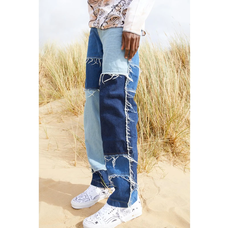 Men Wash Splice Casual Straight Tassel Patchwork Jeans Trousers Male Fashion Streetwear Loose Hip Hop Denim Full Length Pants | Мужская
