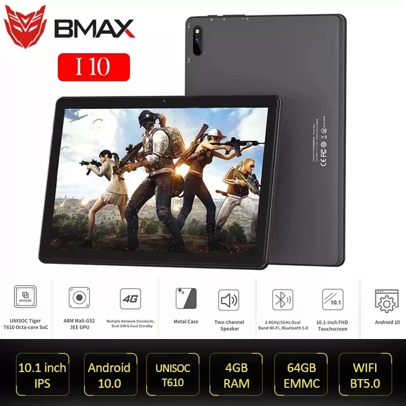 

BMAX i10 10,1-дюймовый планшет Android 10 1920 * 1080 IPS-экран T610 Octa Core 4GB RAM 64GB ROM 4G Network Dual Wifi Bluetooth Tablets PC Dual SIM Port Type-C Support GPS G-sensor FM BDS
