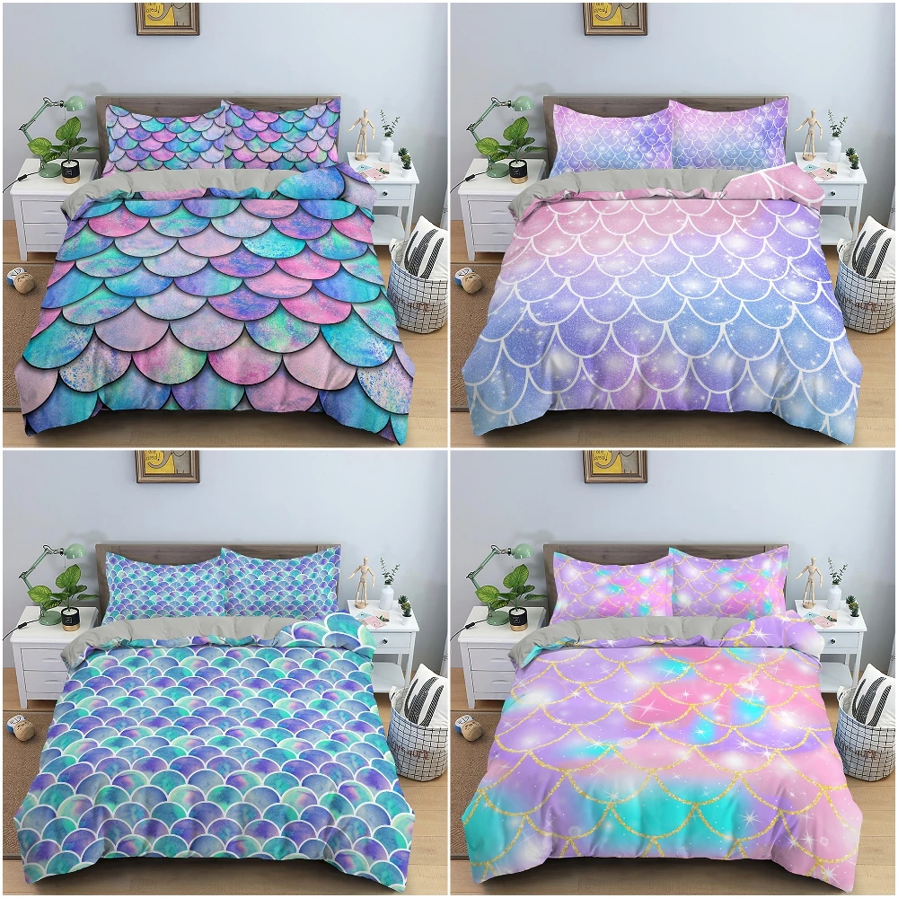 

2/3Pcs Fish Scales Girls Kids Bedding Set Colorful Mermaid Duvet Cover Set Comforter Bedding Quilt Cover with Pillowcase
