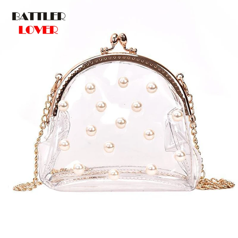 

Transparent Jelly Pearl Clip Bag for Women 2021 Summer High Quality PVC Design Handbag Female Chain Mini Shoulder Messenger Bag