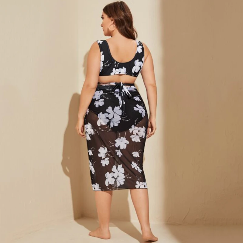 Женский комплект бикини размера плюс из 3 предметов с накидкой купальник высокой