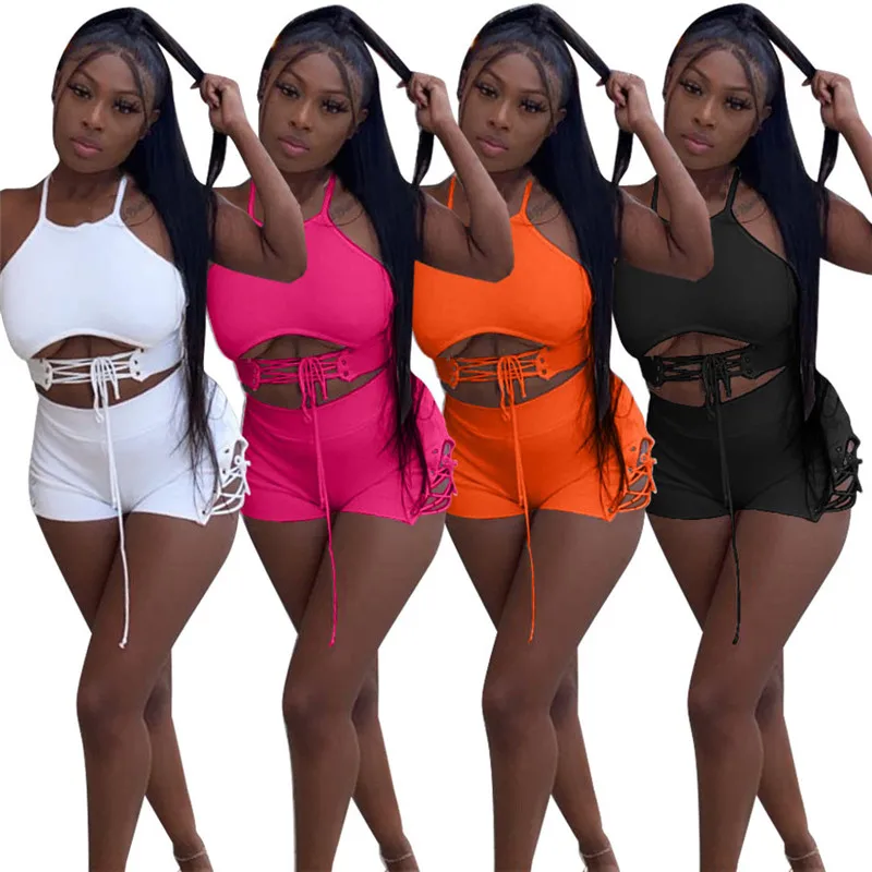 

Спортивные костюмы WUHE из 2 предметов для фитнеса, топ на бретелях-спагетти без рукавов с открытыми плечами и короткие брюки, повседневные на...