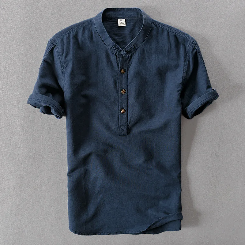 

Summer Chinese style coil button Linen Shirt Men's short sleeve loose stand collar cotton linen shirt linen T-shirt 3305