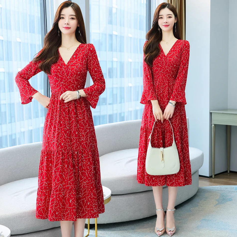 

Women Red Long Floral Chiffon Dress Summer Autumn 2022 Runway Elegant Vintage Korean Retro Fairy Casual Vacation Party Vestidos