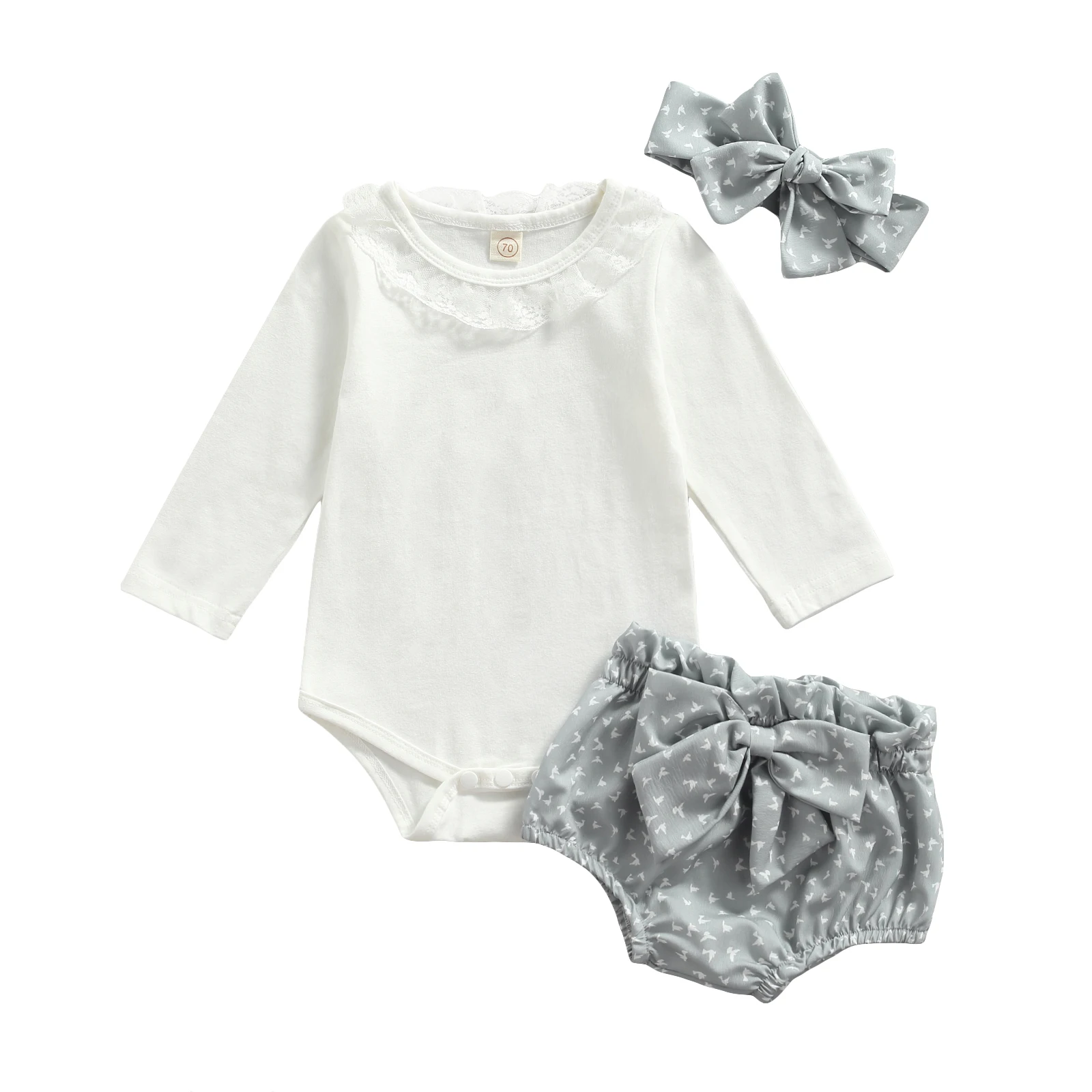 

Комплект для новорожденных девочек, однотонный кружевной комбинезон с длинным рукавом, круглым вырезом, шорты с принтом, повязка на голову, ...