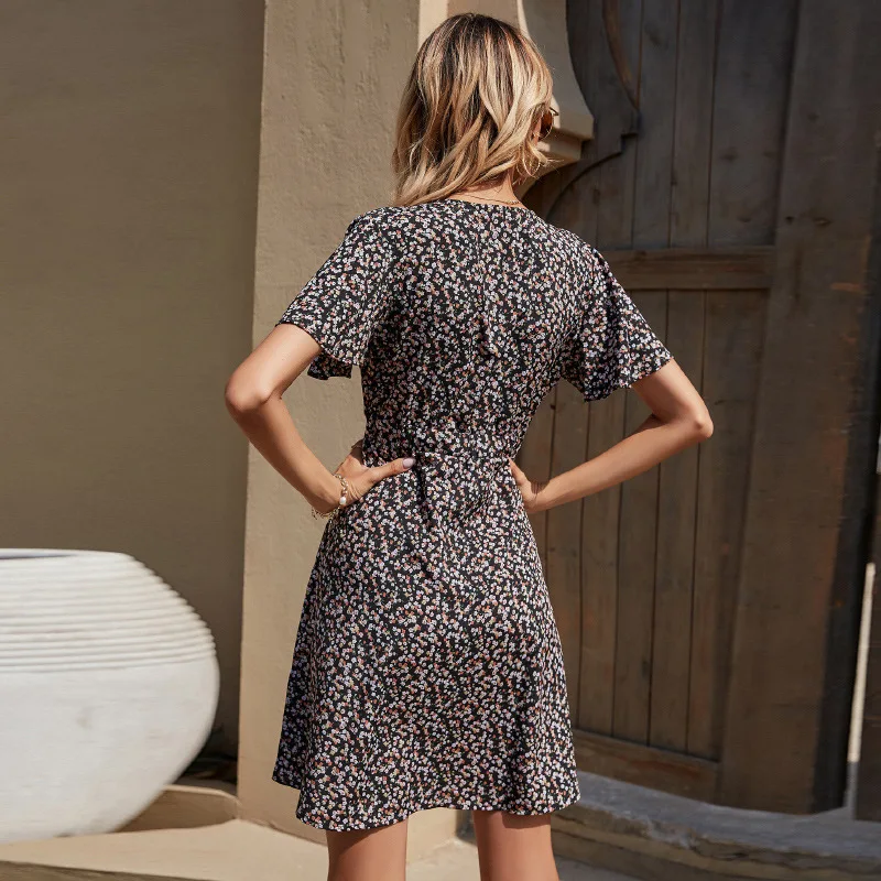 

Summer Elegant A Line Dress Women V Neck Floral Print Mini Dresses 2021 Flare Short Sleeve Button Party Dress Vestido De Mulher