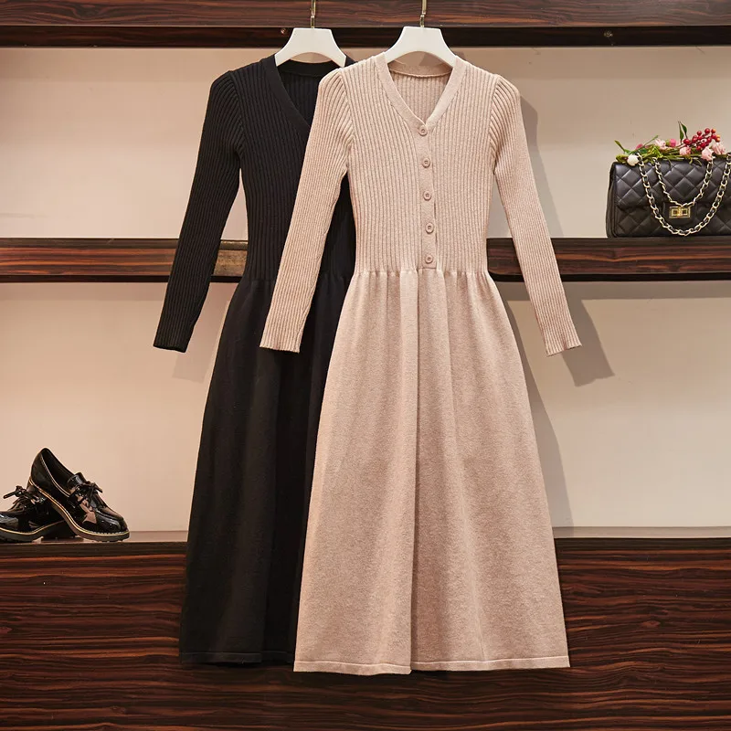 Цвета: черный хаки трикотажное платье осень зима в Корейском стиле женское с v