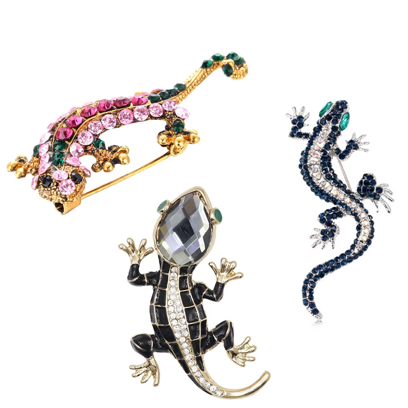 

Unique Gecko Brooch Rose Antique Inlay Crystal Blue Zircon Eyes Brooches For Women Jewelry
